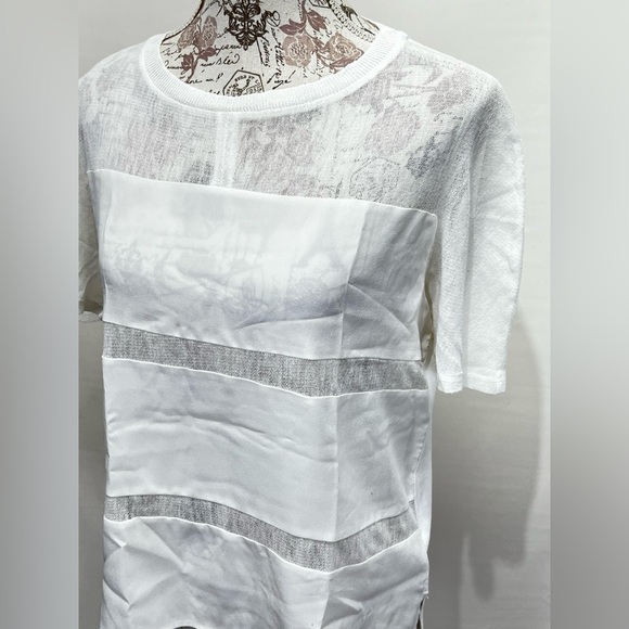 🛍️METAPHOR White sheer stripe short sleeve top size M - Picture 2 of 13